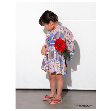 《スーパーsale》浴衣 子供 女の子 セット ワンピース 90cm 100 110 120 130cm レトロ 古典柄 OCEAN＆GROUND 簡単 着付けセット 浴衣 2点セット 子ども 花柄 ブルー青 レッド赤 ピンク パープル紫 ブラック黒 キッズ ベビー 帯 幼稚園 保育園 赤ちゃん