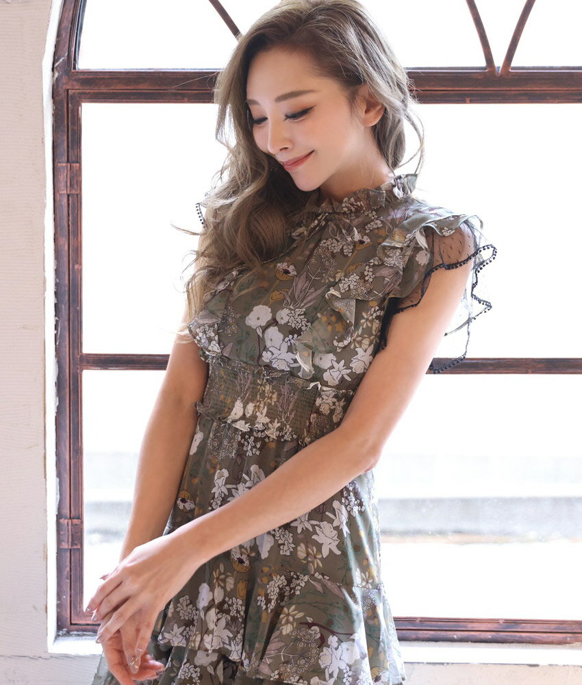 ミディアム ワンピース 大人 [交換無料][ 送料無料 ][ あす楽 ][ エルケイ ] カーキ系 大人 花柄 ティアードフリル Aライン レース ドレス | 即日発送 水商売 きれいめ 結婚式 パーティー ドレスショップ デート my