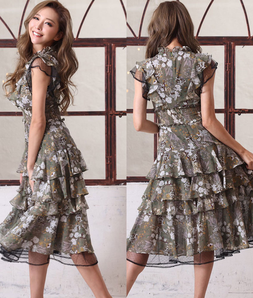 ミディアム ワンピース 大人 [交換無料][ 送料無料 ][ あす楽 ][ エルケイ ] カーキ系 大人 花柄 ティアードフリル Aライン レース ドレス | 即日発送 水商売 きれいめ 結婚式 パーティー ドレスショップ デート my