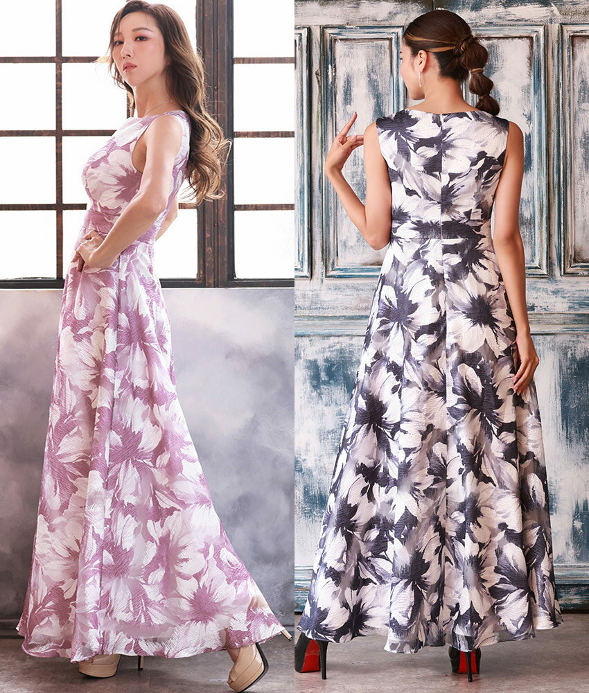 [交換無料 平日15時まで即日配送][ ノースリーブ 花柄 大人カラー ハイウエスト Aライン ノースリーブ ロングドレス ] エルケイ ブラウン 茶色 ブラック 紺 ピンク [XS/S/M/L] mypkbr