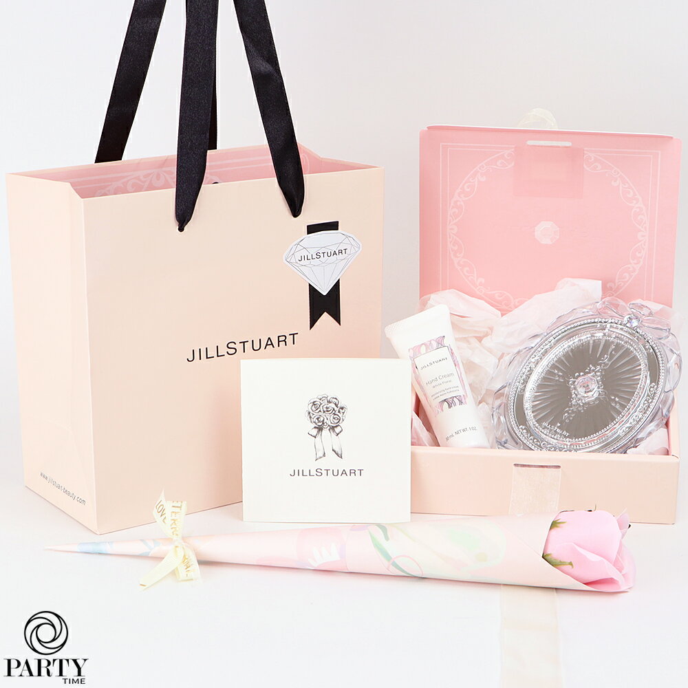 商品名 JILL STUART(ジルスチュアート) 【ベストセラー大人気ギフトセット】　鏡＆ハンドクリーム （ラッピング済）【季節のソープフラワーブーケ】 商品説明 セット内容・ジルスチュアート コンパクトミラー II X 1点・ジルスチュアート ハンドクリーム ホワイトフローラル 30g X 1点・ジルスチュアート プレゼントボックス M (外寸 W150mm×D130mm×H41.5mm) X 1点・ジルスチュアート お渡し用お手提げ X 1点・ジルスチュアート メッセージカード X 1点・ソープフラワーブーケ 高さ約30cm X 1輪※こちらの商品は画像のとおりラッピングをしてお送りさせていただきます。JILL STUARTらしくSWEETな世界観を現したギフトセットです。ブランド内ベストセラーの鏡とハンドクリームが、箱にセットされています。スタンディングタイプのコンパクトミラーは、顔全体がしっかりチェックできる大きめのサイズ。ラディアントラインのデザインがヴィンテージなテーストたっぷり。リボンの装飾に縁取られて、明るく女性を映し出してくれます。肌に伸ばすと、コクのあるクリームがとろけるように伸び広がるハンドクリームは手肌にするんとなじみ、滑らかなタッチが心地良さをもたらします。香りは大人気のホワイトフローラル。長くきれいに飾れる薔薇のソープフラワーブーケがギフトを更に華やかに演出します。お誕生日プレゼントは勿論、ホワイトデーのお返しやクリスマスプレゼント、母の日にも最適なギフトセット。お世話になった方、大切な女性へ気持ちが伝わる一品。※ソープフラワーブーケは季節によりお色が異なる場合がございます。 メーカー JILL STUART(ジルスチュアート) 広告文責 きぬ株式会社　03-6455-6837 商品区分 キット・セット・コフレ