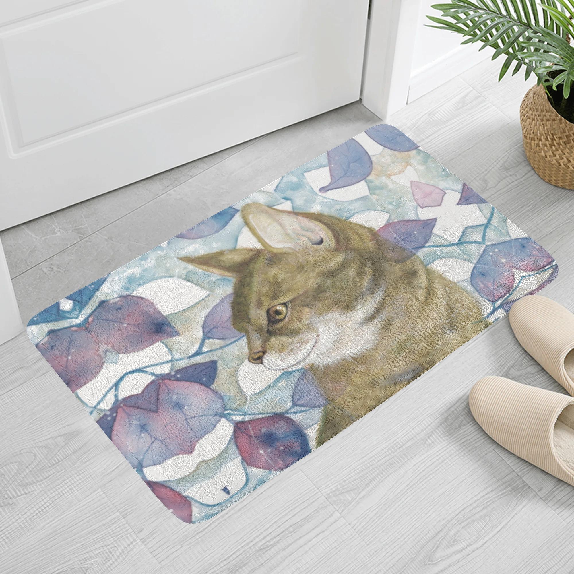 【直送品 同梱不可品】 青葉と猫(ふんわりドアマット) ふんわりドアマット ユニセックス ホームデコレーション 動物 アート 猫 青 可愛い 紫 植物 デザイン 爽やか お洒落 葉 ペット 鮮やか