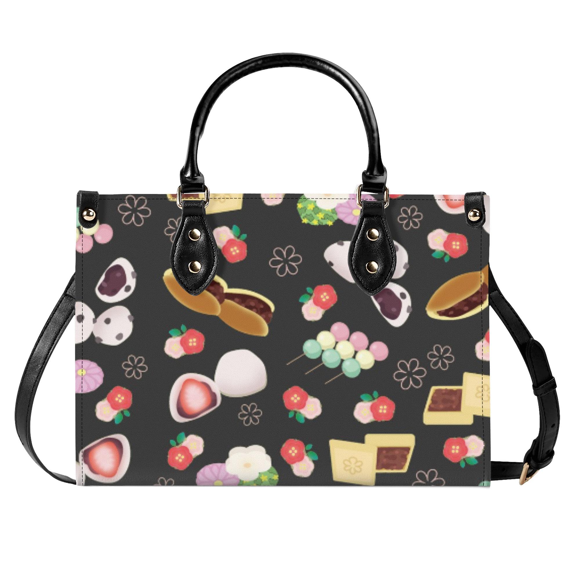 【直送品 同梱不可品】 和菓子柄(黒蜜)(本革ハンドバッグ) 本革ハンドバッグ レディース バッグ 全て ..