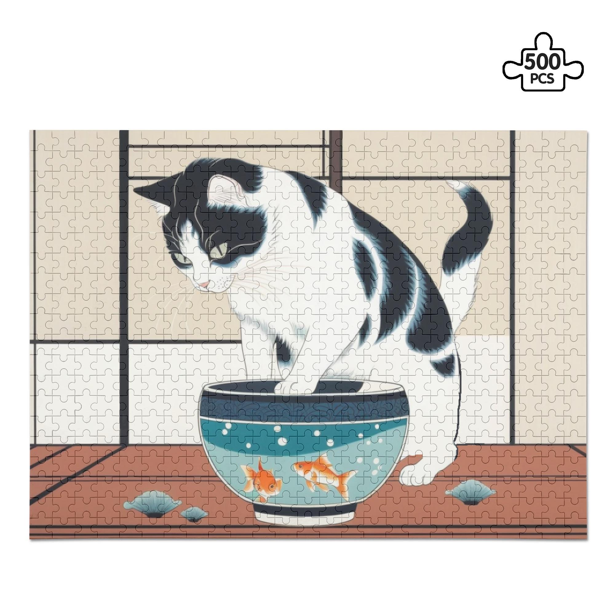 【直送品 同梱不可品】 金魚に興味深々の和猫(ジグソーパズル500ピース) ジグソーパズル500ピース ユニセックス アクセサリー 動物 猫 パズル ギフト 贈り物 知育 頭の体操 おうち時間