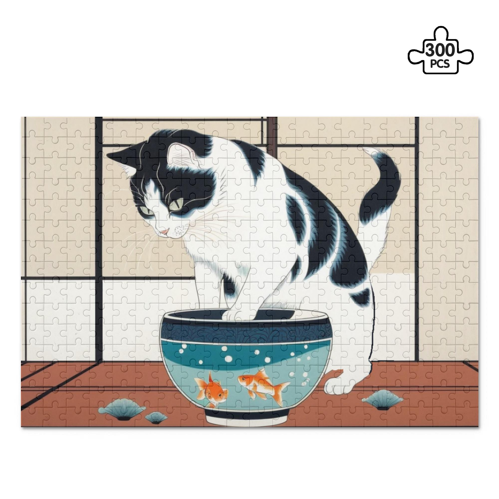 【直送品 同梱不可品】 金魚に興味深々の和猫(ジグソーパズル 300ピース) ジグソーパズル 300ピース ユニセックス アクセサリー 動物 猫 パズル ギフト 贈り物 知育 頭の体操 おうち時間