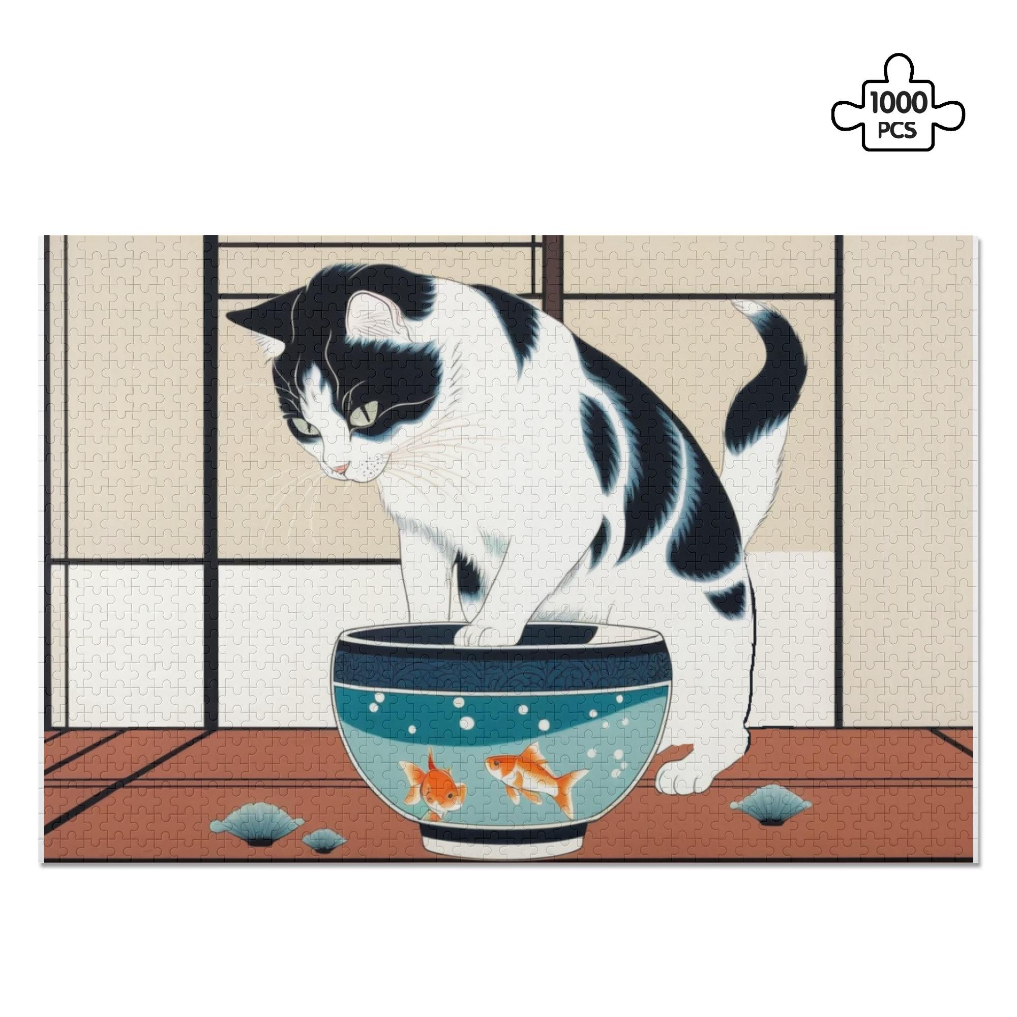 【直送品 同梱不可品】 金魚に興味深々の和猫(ジグソーパズル1000ピース) ジグソーパズル1000ピース ユニセックス アクセサリー 動物 猫 パズル ギフト 贈り物 知育 頭の体操 おうち時間
