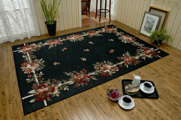 4.5帖用（261 cm×261 cm） - 【直送品・大感謝価格 】ベルギー製モケット織立体カーペット フラワーボーダー 1034 長方形 200×250cm ブルー系/チャコールグレー系