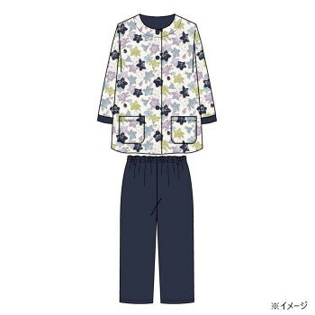 Cotton - ギャルソンヌ　レディスパジャマ　綿100％　天竺　桔梗柄　前開き　7分丈　ネイビー　161016　Lサイズ【お寄せ品、返品キャンセル不可。欠品終売時連絡あり】