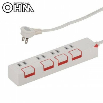 OHM 押しボタンスイッチ付き 節電タップ 4個口 2.5m HS-T1178W【お寄せ品、返品キャンセル不可。欠品終..