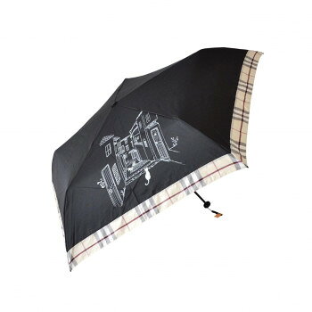 三国 グラスファイバー骨軽量ミニ折りたたみ傘 チェック切継ぎと猫(トートバッグ) 黒 A3112302【お寄せ品、返品キャンセル不可。欠品終売時連絡あり】