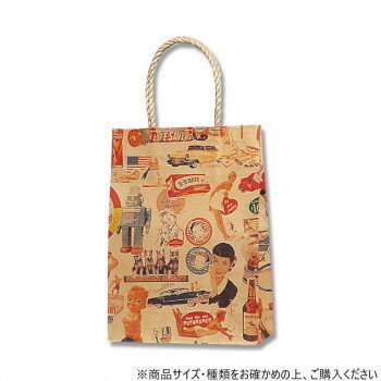 ※代引き不可 同梱不可※北海道、沖縄、離島送料は別途お見積り。※手配完了後は、ご注文キャンセルを承る事が出来ません。指定日可能の表示以外の商品はご指定日不可です。メーカーより取り寄せ商品のため、在庫状況によっては欠品・廃盤の可能性があります。あらかじめご了承ください。樹脂製の接着剤で手紐を取り付けた手提げ紙袋です。紐の結び目がなくすっきりし、物の出し入れがスムースで、ストックする際にかさばらないメリットがあります。コンパクトな人気サイズで、小物雑貨やちょっとしたギフトに。オールドアメリカン調のイラストが満載のデザインサイズ幅180×マチ70×高250mm個装サイズ：32.6×17.4×7.2cm重量個装重量：1080g素材・材質半晒クラフト紙仕様手紐:ベージュ(PP)生産国日本・広告文責（有限会社パルス・048-551-7965）fk094igrjs