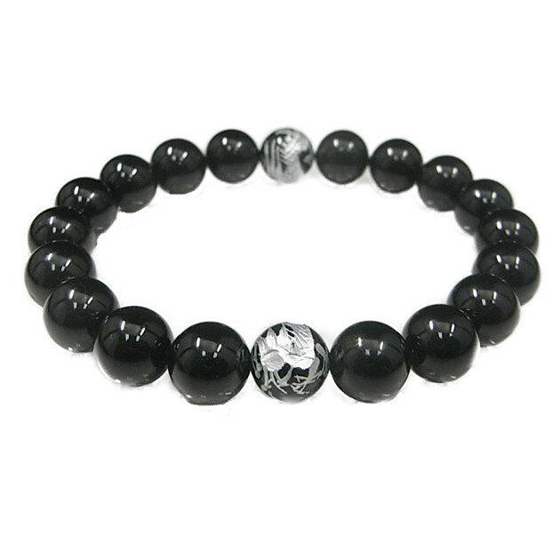 【ネコポス】ブラックオニキス 手彫銀龍2玉ブレスレット 10mm玉【ヘルシ価格】ブラックオニキス 手彫銀龍2玉ブレスレット 手彫り龍 アクセサリー