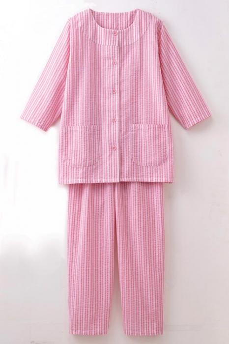 【大感謝価格】綿100%涼ヤカクルーネックパジャマ ピンク M/L/LL