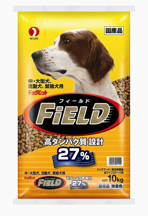 『NEW ドッグビット フィールド 10kg』ペット 栄養食 犬用健康食品 ドッグフード 商品紹介 活動犬に大切な、たんぱく質を重視した総合栄誉食。 サイズ・重量 容量 10kg 商品説明 JANコード 4902418021102原材料 穀類(とうもろこし、菓子粉、コーングルテンミール、コーングルテンフィード、米粉、小麦粉、等)、肉類(チキンミール)、豆類(脱脂大豆、おから)、油脂類(動物性油脂、ガンマ‐リノレン酸)、糖類(フラクトオリゴ糖)、ビール酵母、ビタミン類(A、D3、E、K3、B1、B2、パントテン酸、ナイアシン、B6、葉酸、ビオチン、B12、コリン)、ミネラル類(カルシウム、リン、ナトリウム、カリウム、塩素、鉄、コバルト、銅、マンガン、亜鉛、ヨウ素)、酸化防止剤(ローズマリー抽出物、ミックストコフェロール)【保障成分】:たんぱく質 27.0%以上、脂質12.5%以上、粗繊維4.0%以下、粗灰分10.0%以下、水分10.0%以下、カルシウム1.2%以上、リン0.8%以上、ナトリウム0.3%以上、リノール酸0.9%以上、ビタミンB1 0.9mg以上、ビタミンB2 2.0mg以上　【エネルギー】:約370kcal/100g製造国 日本発売元 ペットライン 株式会社製造販売元 ペットライン 株式会社区分 動物用健康食品賞味期限 パッケージに記載。保存方法 直射日光、高温多湿な場所を避けて保存してください。注意事項 ペット用にお使いください。 広告文責 (有)パルス　048-551-7965 『通常土日祝日を除く1週間以内に出荷の予定ですが 欠品やメーカー終了の可能性もあり、その場合は 別途メールにてご連絡いたします』『NEW ドッグビット フィールド 10kg』ペット 栄養食 犬用健康食品 ドッグフード