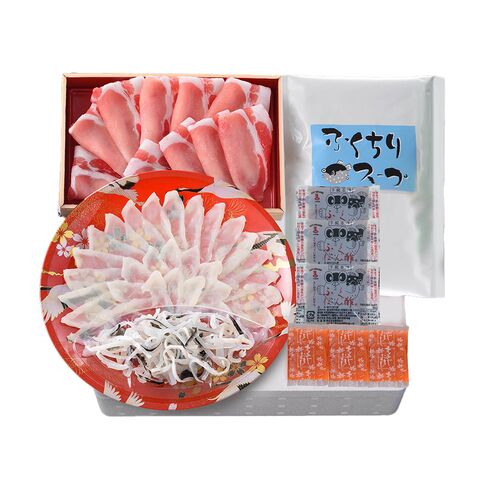 【直送品】「関とら本店」 海と丘の豚しゃぶ食べ比べ （真ふぐ霜降り刺身しゃぶしゃぶ用45g、とらふぐ皮20g、しゃぶしゃぶ用豚肉150g） ふく ふぐ フグ てっちり