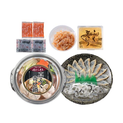 【直送品】「関とら本店」 ふくたたき刺身とふく個食鍋セット （真ふぐ寄せ鍋300g、真ふぐたたき刺身20g、とらふぐ皮20g、とらふぐ塩辛60g、ふぐ煮こごり100g） ふく ふぐ フグ てっさ てっちり