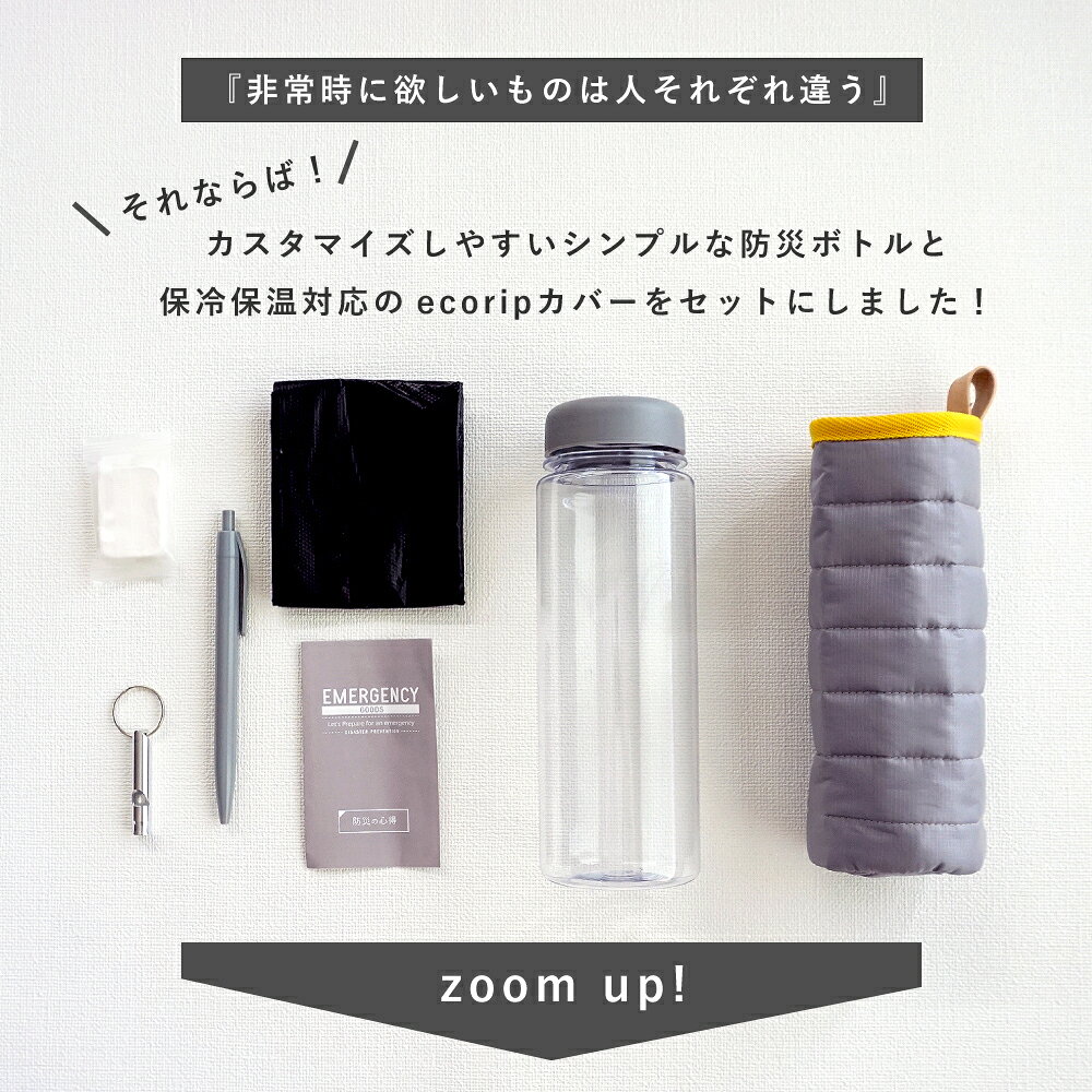 防災ボトル 災害ボトル 携帯用 ボトルカバー ボトルホルダー 水筒カバー 保冷 保温 撥水 軽量 折りたたみ コンパクト 小さめ 500ml 洗える ゴミ袋 アウトドア 子供 女子 日本製 【 Ecorip コンパクトボトルカバー&防災ボトル セット 】 pas2-10008382 P.A.S.2-パドゥ サンプル画像3