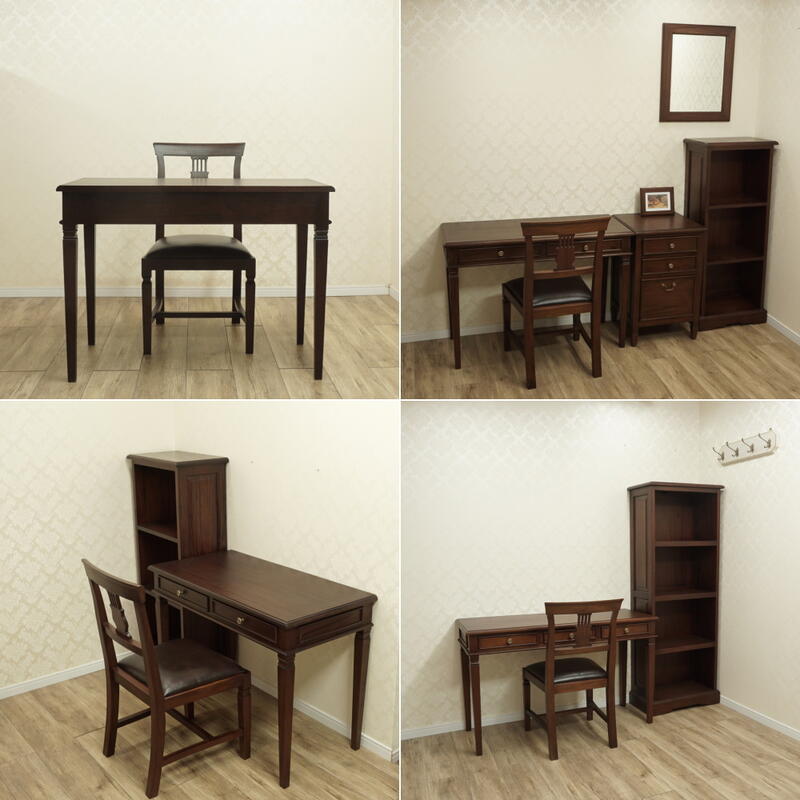 【セットで5%OFF】【選べる座面】【本革/ソフトレザー】イギリスアンティーク調 机 テーブル マホガニー クラシック オシャレ おすすめ 100cm 105cm 書斎 無垢◆宅配便発送◆『ARNO/ドレッサーデスク&アルノチェアセット』 2