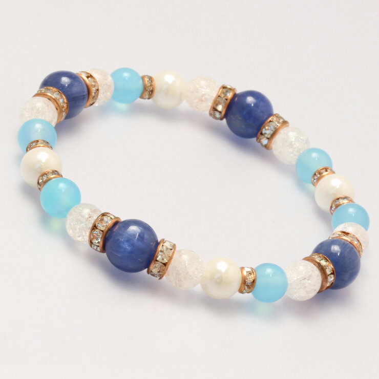 カイヤナイト シーブルーカルセドニー デザイン ブレスレット/ 安産 子宝 仕事運 クラック水晶 運気 性別 恋愛成就 人間関係 癒し シーブルー カルセドニー 貝パール 6mm 願望成就 ホワイト クリア