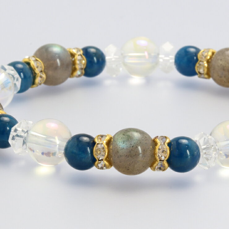 ラブラドライト アパタイト デザイン ブレスレット/ 4月 ブルー 仕事運 かに座 恋人 夫婦円満 運気 性別 グレー シルバー しし座 恋愛成就 レインボー クォーツ 星座石 誕生石