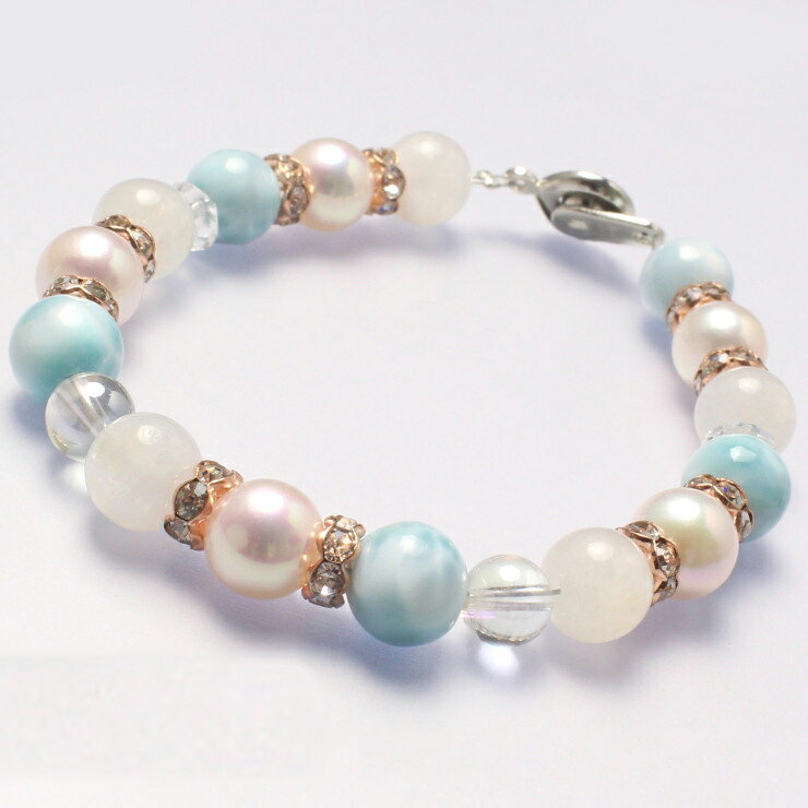 【aco classic】アコヤ真珠 ラリマー ブレスレット 留め具タイプ 4月 ブルー ブルームーンストーン 仕事運 かに座 恋人 夫婦円満 デザイン 縁結び...