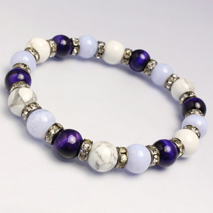 パープルタイガーアイ ハウライト デザイン ブレスレット/ ブルー ブルーレースアゲート 仕事運 運気 ふたご座 性別 金運 人間関係 癒し 8mm おとめ座 ...