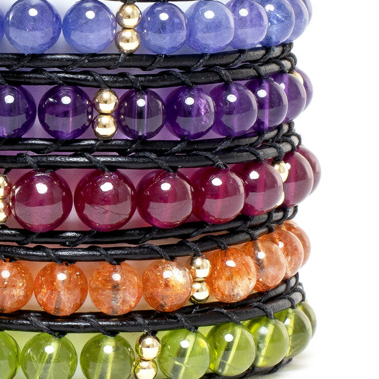 【一点もの】5連デザインラップブレスレット ブラックレザー / 天然石 パワーストーン ルビー アメジスト おひつじ座 8月 ブルー 仕事運 恋人 夫婦円満 12月 2月 運気 グリーン 7月 しし座 星座石 誕生石 小粒