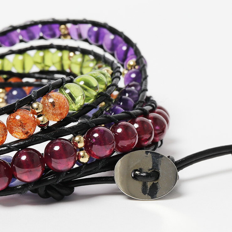 【一点もの】5連デザインラップブレスレット ブラックレザー / 天然石 パワーストーン ルビー アメジスト おひつじ座 8月 ブルー 仕事運 恋人 夫婦円満 12月 2月 運気 グリーン 7月 しし座 星座石 誕生石 小粒