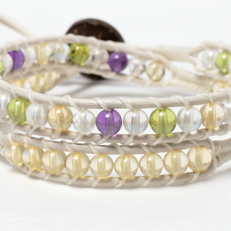 デザインラップブレスレット シトリン ホワイトレザー アメジスト 8月 仕事運 恋人 夫婦円満 クラック水晶 2月 運気 ふたご座 性別 グリーン しし座 恋愛成就 結婚運 星座石 誕生石 小粒 シトリン ブレスレット