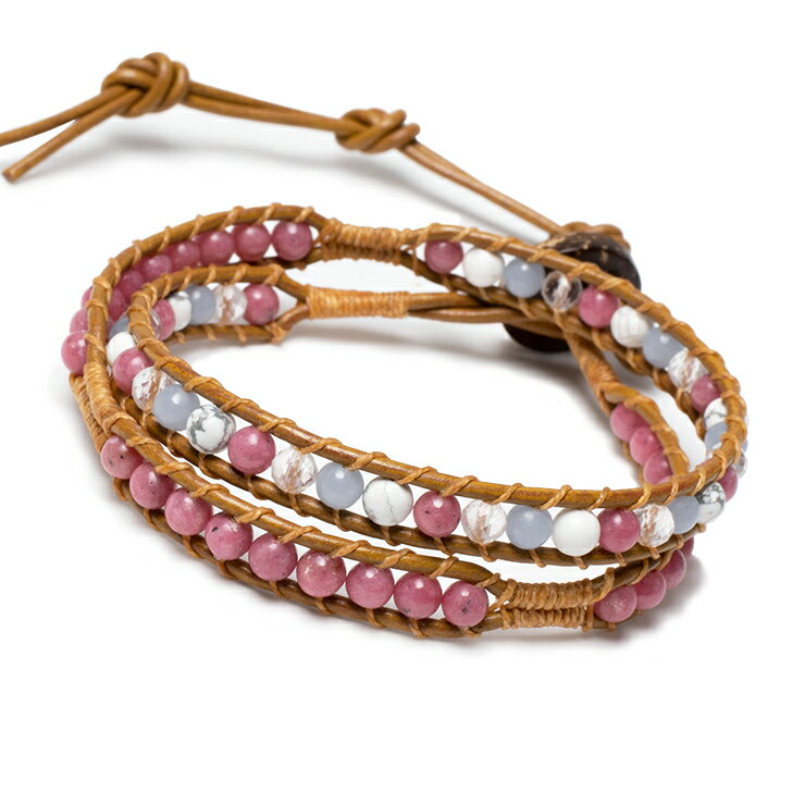 デザインラップブレスレット ロードナイト ブラウンレザー/ エンジェライト ブルー 仕事運 クラック水晶 家庭円満 運気 性別 ハウライト 恋愛成就 ピンク 人間関係 癒し 4mm ホワイト クリア 小粒