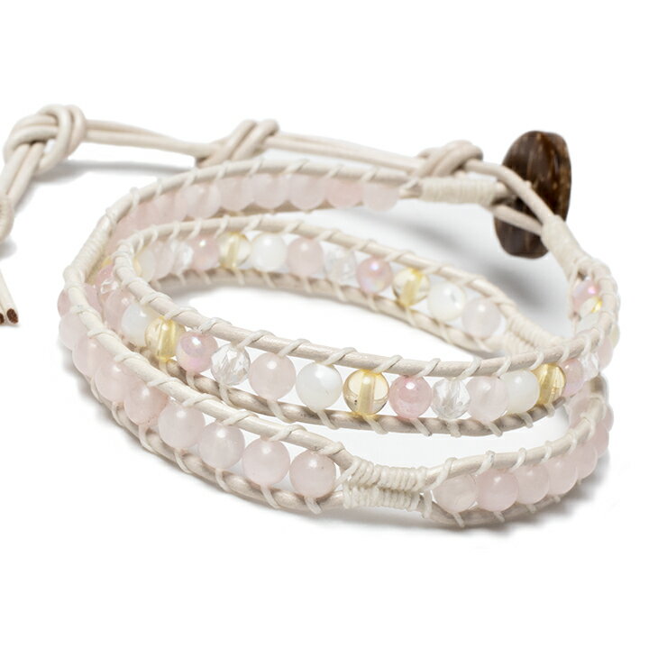 デザインラップブレスレット ローズクォーツ ホワイトレザー 安産 子宝 仕事運 シトリン クラック水晶 縁結び 運気 ふたご座 性別 恋愛成就 金運 マザーオブパール 11月 10月 星座石 誕生石 小粒 ローズクォーツ ブレスレット