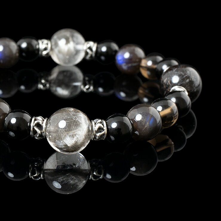 【X.G】プラチナルチルクォーツ ブラックルチルクォーツ ブレスレット パワーストーン ブレスレット メンズ 12mm モリオン ブレスレット みずがめ座 魔除...