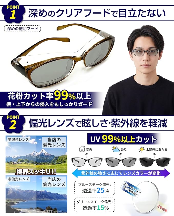 花粉メガネ 偏光サングラス フード付き 花粉対策 サングラス 超軽量 変色 花粉症用 メガネ 紫外線カット メンズ レディース 保護メガネ UVカット 偏光