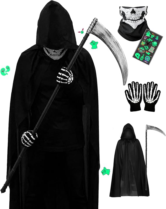 死神 コスプレ 4点セット ハロウィン 仮装 【マント マスク かま 手袋】 コスチューム 骸骨 お面 ホラー セット 変装用 衣装 死神コス 鎌 小道具 コスチュームセット お化け 屋敷 悪魔 魔女 クリスマス 文化祭 部活 パーティー用 女の子・男の子兼用