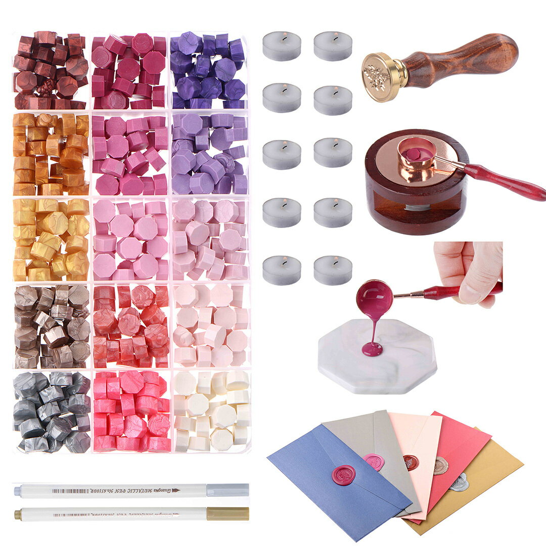 シーリングワックス セット シーリングスタンプ 蝋封 380粒 15色 印鑑 ワックスビーズ スポーン キャンドル カラーペン 炉 ワックスストリップ 芯あり ...
