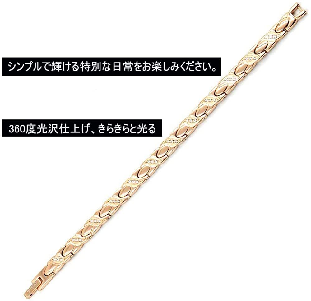 ゲルマニウムブレスレットレディース20cm磁気ブレスレット静電気除去316Lサージカルステンレス製CZダイヤモンド*3おしゃれ可愛い金属アレルギーフリーローズゴールドギフト包装