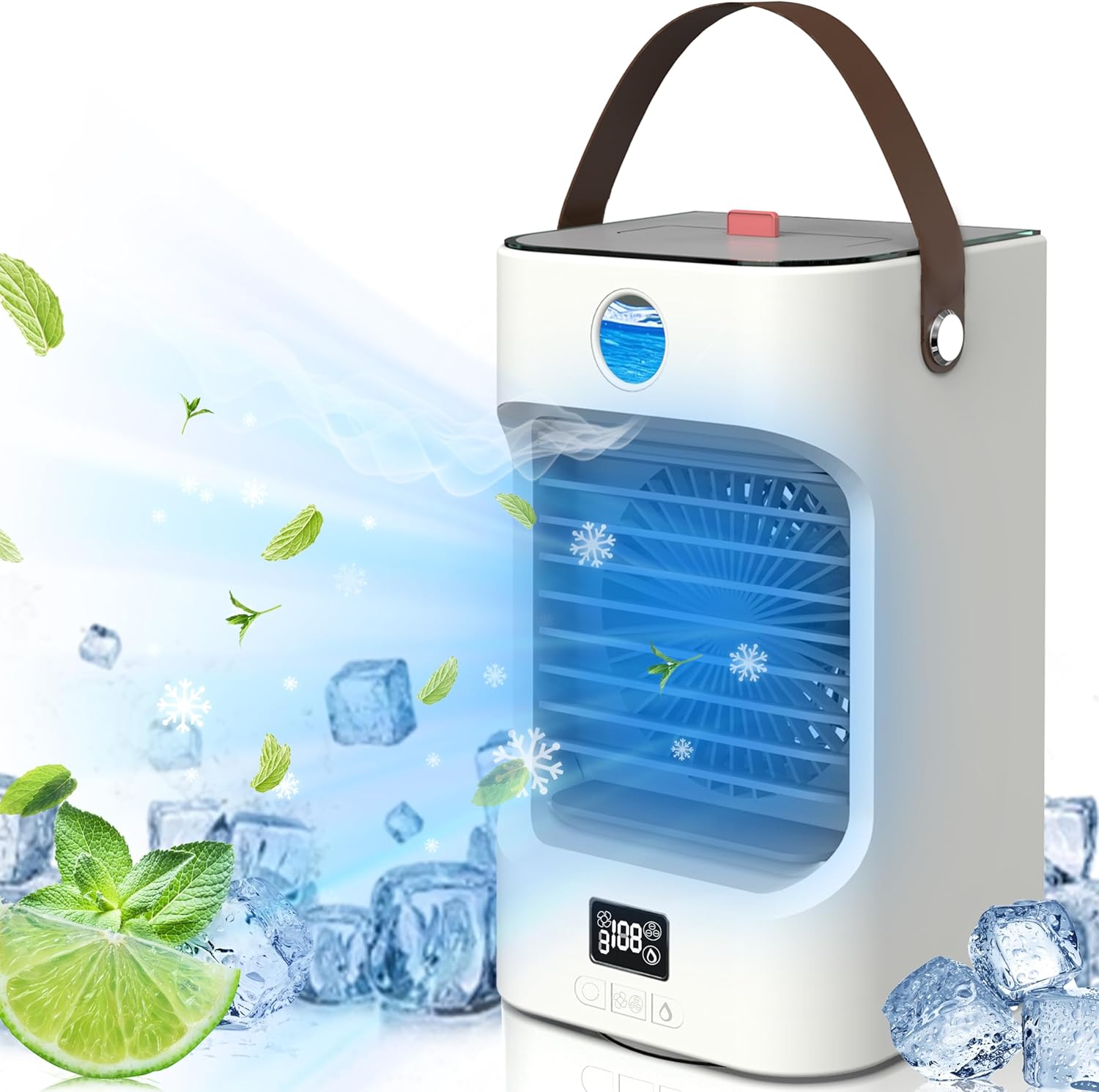 冷風機 冷風扇 ミニクーラー 卓上冷風機 小型 卓上 扇風機 6000mAh大容量 スポットクーラー 左右自動首振り 3段階風力調節 「4in1機能搭載」 送風 冷却 加湿 空気清浄 マイナスイオン 氷いれ可能 上下角度調整 USB充電式 省エネ