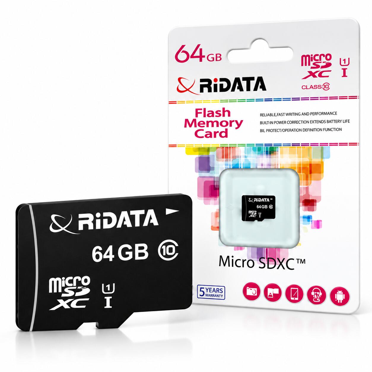 RiDATA マイクロSDカード 64GB ブラック ●高速バスインターフェース UHS-I に対応 ●最大読込み速度：80MB/秒 ●高速データ転送対応で、スマホ・タブレット等のデータ保存にも最適 【仕様】 容量：64GB カードタイプ：microSDXC スピードクラス：Class10(SD) class1(UHS） 保証期間：5年 ※メーカ保証規定に基づく 1,800万画素写真 約9,600枚
