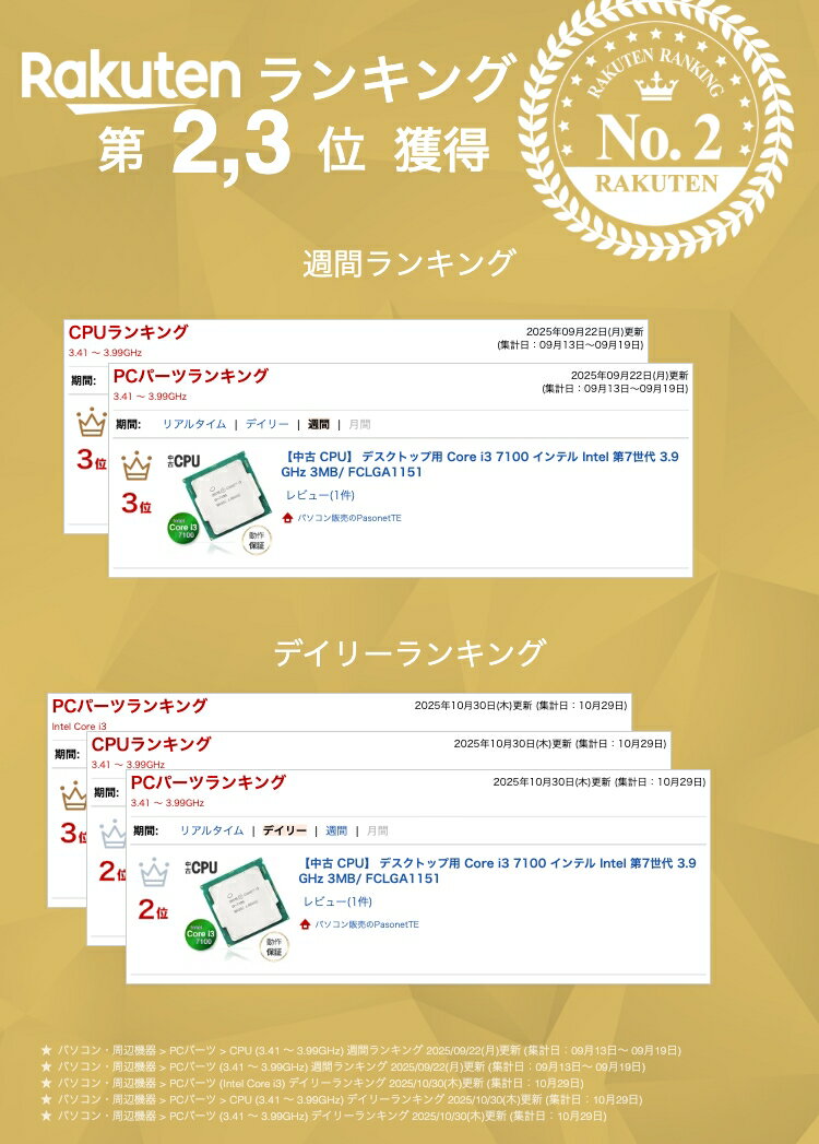 【中古 CPU】 デスクトップ用 Core i3 7100 インテル Intel 第7世代 3.9GHz 3MB/ FCLGA1151 - Image 2