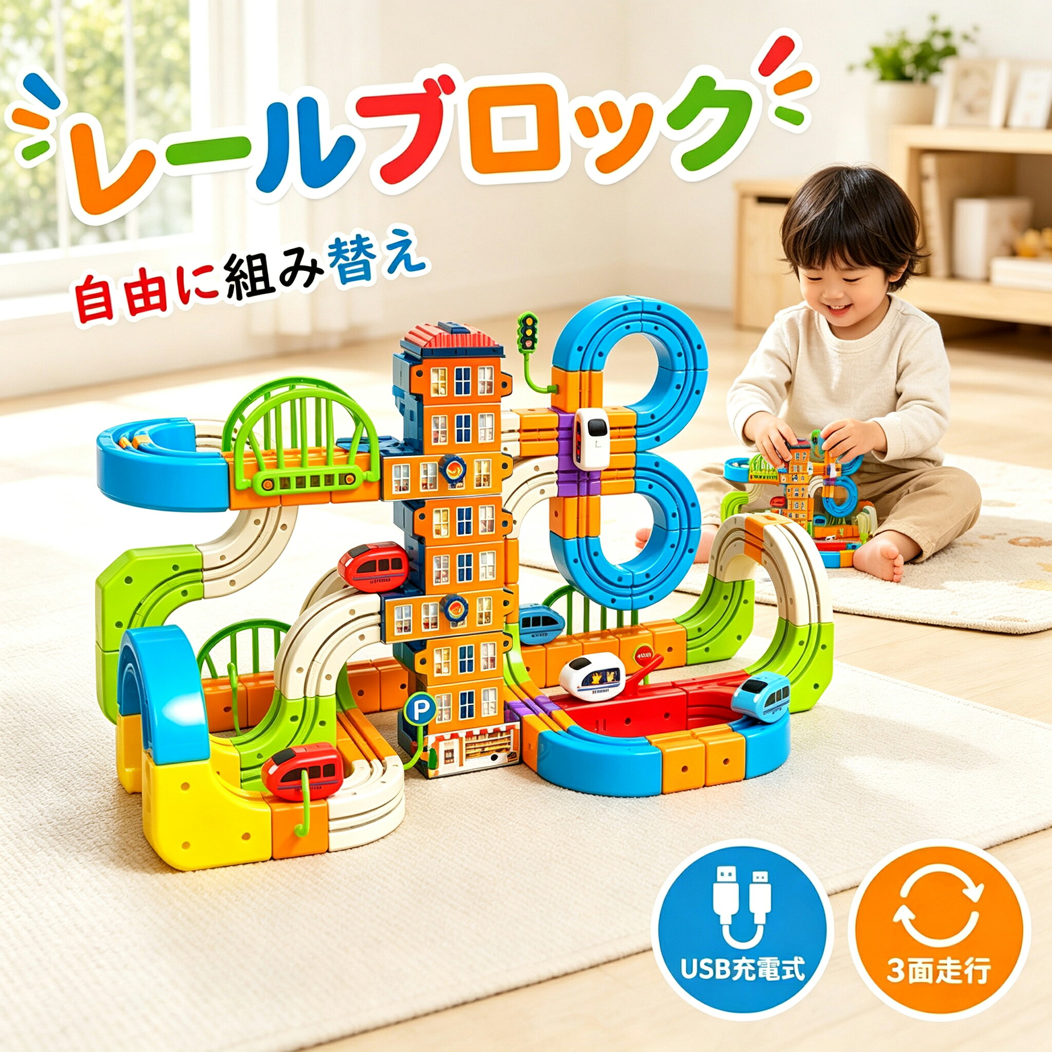 商品情報商品情報セット内容： 商品画像をご確認くださいパーツ数：145pcs/172pcs/194pcs/208pcs/242pcs車両数： 1or2台対象年齢： 6歳以上材質： ABS、電子部品ほか車両電源： USB充電式定格入力： DC 5V付属品： 充電ケーブル、取扱説明書、シールほかこんな方におすすめクリスマスや誕生日の、喜ばれる贈り物をお探しの方お子様の創造性や論理的思考力を伸ばしたい方お子様のSTEAM教育に関心がある方既存のレール積み木をもっと複雑に、もっと面白くしたい方“環境にやさしいおもちゃを探している方”STEAM教育にぴったりなおもちゃレール積み木は単なる幼児玩具・動力玩具ではなく、文部科学省が推進しているSTEAM教育に適した玩具です。1つのレールパーツに3つの走行面を備えた、組み替え式の立体レールカーセットです。パーツの向きやつなぎ方を変えることで、平面コース、坂道、ループ、高架コースなど、さまざまなレイアウトを楽しめます。エレベータービルやジャンプパーツ、橋、標識などを組み合わせれば、遊びの世界がさらに広がります。考えて、組み立てて、走らせる。親子で一緒に楽しめるレールトイです。組み替えるたびに、新しい走りが始まる同じパーツでも、向きやつなぎ方を変えるだけで、コースの形はさまざま。 丸いコースや8の字コース、高架コース、上下に広がる立体コースなど、アイデアに合わせて自由に組み替えられます。レールに沿って走りやすいガイド構造により、坂道やカーブ、立体的なコースにもチャレンジできます。 車両が上へ進んだり、カーブを曲がったり、上下に広がるコースを走ったりする様子は、見ているだけでもワクワク。 平面レールとは違う、ダイナミックな走行を楽しめます。一度完成したら終わりではなく、「次はどうつなげよう？」と考えながら何度でも作り直せるため、長く遊びやすいのも魅力です。ご使用前に必ずご確認ください・本商品には小さなパーツが含まれます。対象年齢未満のお子さまには与えないでください。・必ず保護者の方の目の届く場所で遊ばせてください。 ・組み立て、取り外し、充電は保護者の方が行うか、そばでサポートしてください。・車両の充電量、コースの組み方、パーツの接続状態により、走行速度や走行状態が異なる場合があります。 ・ジャンプの高さや着地位置は、車両の速度やコースの状態により異なります。・パーツを無理に曲げたり、強い力を加えたりしないでください。・階段や高い場所の近くでは使用しないでください。・画像は撮影環境やモニターの設定により、実際の色味と異なって見える場合があります。・商品の仕様、デザイン、付属品は改良のため予告なく変更される場合があります。・実際のセット内容は、販売ページに掲載している商品画像と仕様欄を優先してください。【2026新登場強化版】 レールブロック おしゃれ 電車 3WAY立体レールカー 3面走行 エレベーター付き USB充電式 電動レールセット 組み替え 知育 車 おもちゃ 親子遊び プレゼント STEAM教育 デラックスセット パズルブロックトイ パズルブロックトイ 空間認知 創造力 幼稚園 3WAY USB充電式 エレベーター付き 電動レールセット 3面走行 組み立て 知育玩具 6歳以上 プレゼント STEAM教育 パズルブロックトイ 空間認知 創造 力レール 組立て 操縦 4歳 幼児 幼稚園 5