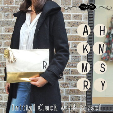 Mud　Pie　Initial　Clutch　with　tassel（mudpie　マッドパイ　クラッチ　ウィズ　タッセル　イニシャル　バッグインバッグ　セレブ　ポーチ　GOLD　9998803）【送料無料　在庫有り】【あす楽】