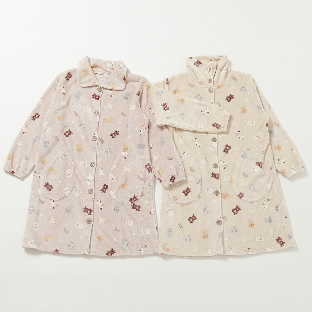 フランネルジャケット 2WAY襟 あったか 冬用 ゆったり シルエット 袖ゴム付き 羽織り 上着 普段着 防寒 おしゃれ ネコ かわいい キャラクター ふくふくにゃんこ ハピンズ