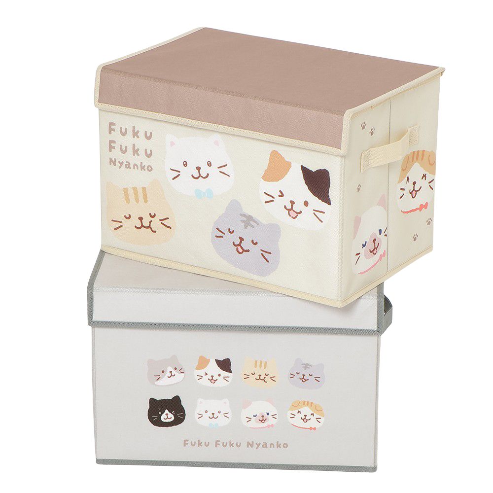 Rakuten - ふくふくにゃんこ 不織布収納ボックス 蓋つき 折りたたみ 取っ手付き　ほこりカバー コンパクト おもちゃ箱 おりたたみ 38×25×25cm ソフトボックス 整理ボックス 収納ケース 衣装ケース 衣類収納 猫 かわいい ハピンズ