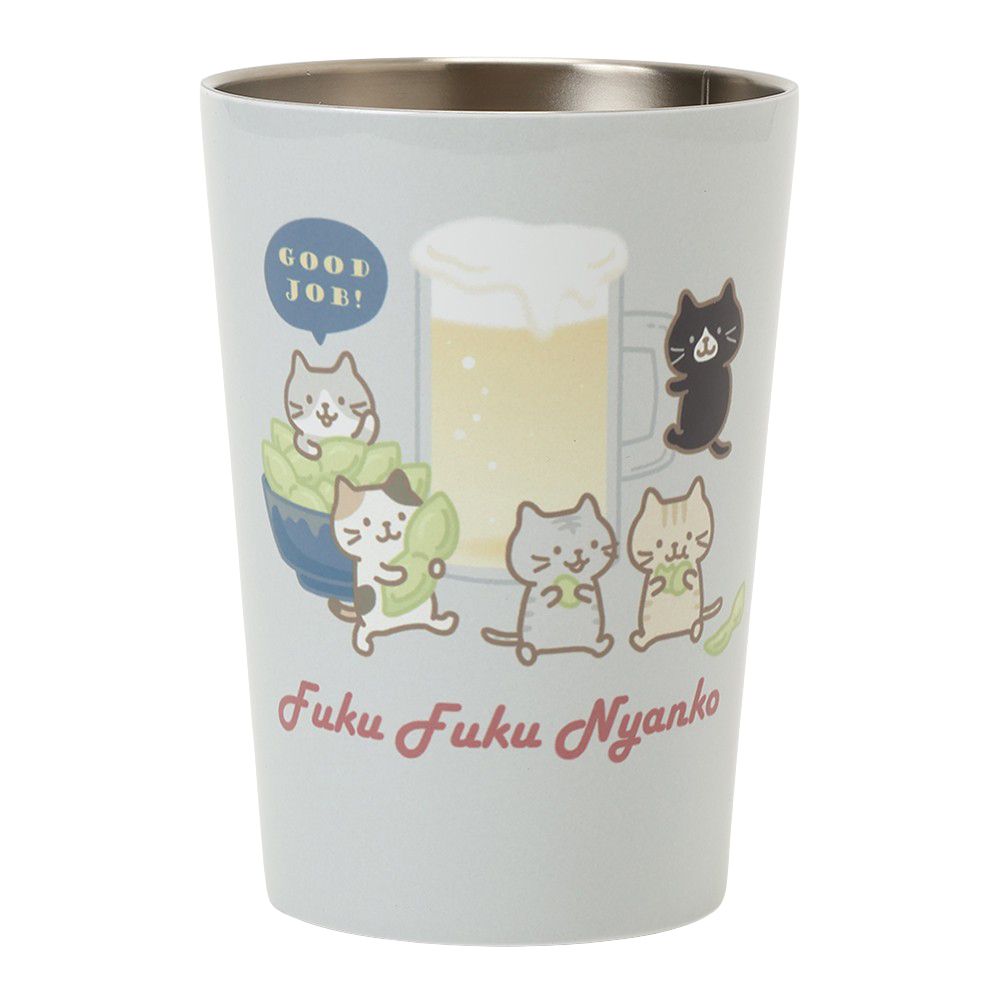 樂天商城 - 保冷保温タンブラー　ステンレス　父の日ギフト　おつまみ　ビール　ねこ　にゃんこ　かわいい　シンプル　グレー　450ML　キャラクター　ふくふくにゃんこ　ハピンズ