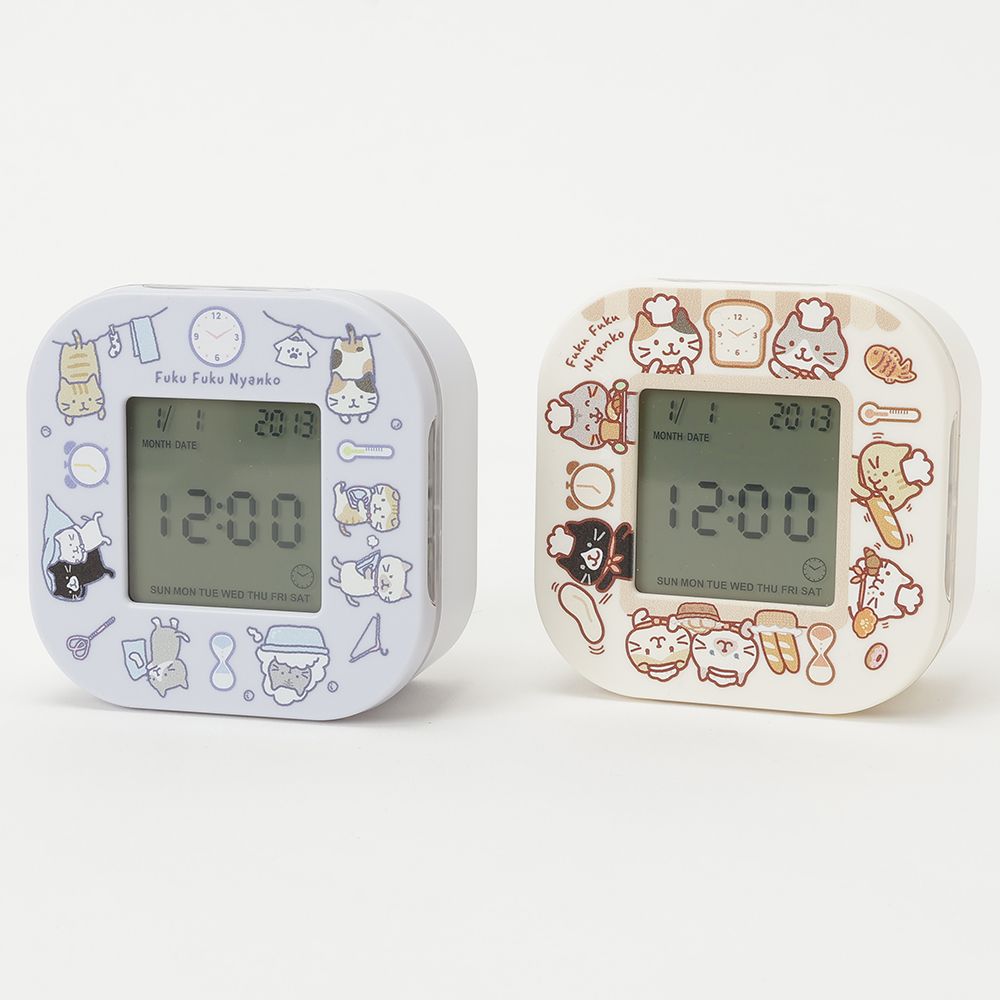 目覚まし時計 置き時計 デジタル 回転 猫 可愛い キャラクター ふくふくにゃんこ 4way 時刻＆日付表示 アラーム付き 温度表示 タイマー機能 ハピンズ　アイボリー パープル 子供 キャラクター 時計 かわいい アラームクロック おしゃれ ライト付き ナイトライト