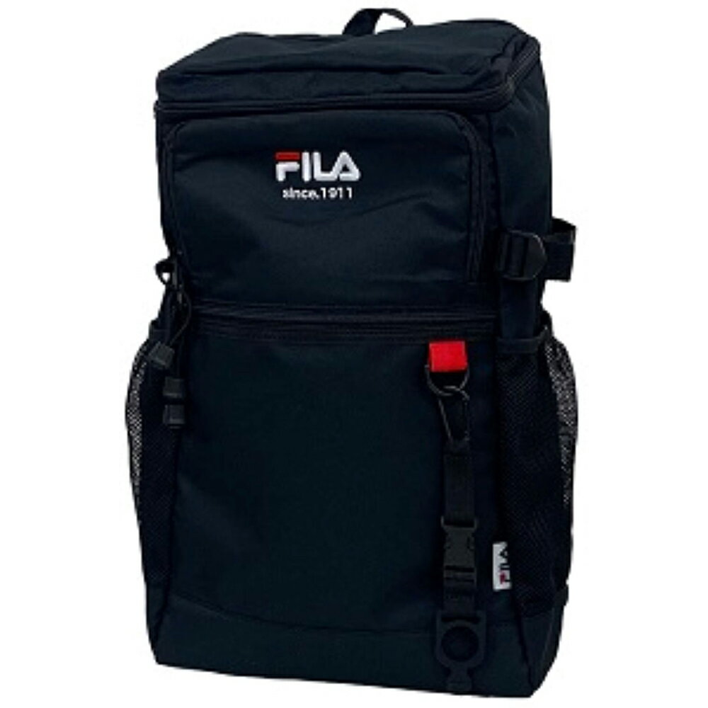 FILA ボトルホルダー付スクエアリュック 大容量 21.8L B4対応 背面メッシュ 軽量 子供 大人 通学 通勤 多機能 旅行 デイリー ギフト プレゼント おしゃれ シンプル カジュアル ブラック/レッド