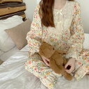 ルームウェア レディース パジャマ 上下セット 花柄 レース フリル かわいい レトロ 長袖 春 夏 寝巻き 部屋着 おしゃれ リボン フリル 甘め 薄手 裾フレア 襟なし 小花柄 おしゃれ 可愛い 個性的 パフスリーブ キュート カジュアル ガーリー ルーズ ゆったり