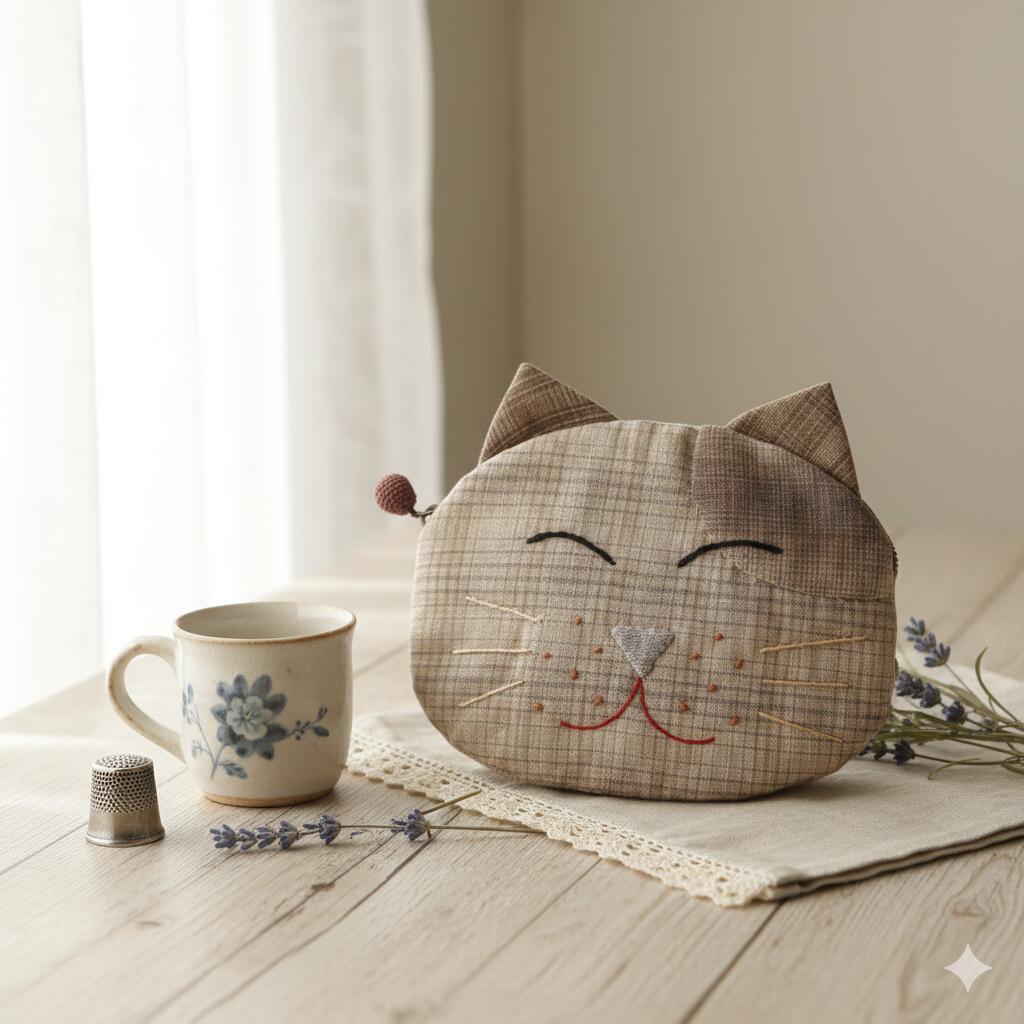 パッチワークキット ねこのポーチ 手作りキット 猫顔ポーチ 布小物 ハンドメイド 初心者OK 小さめポー..