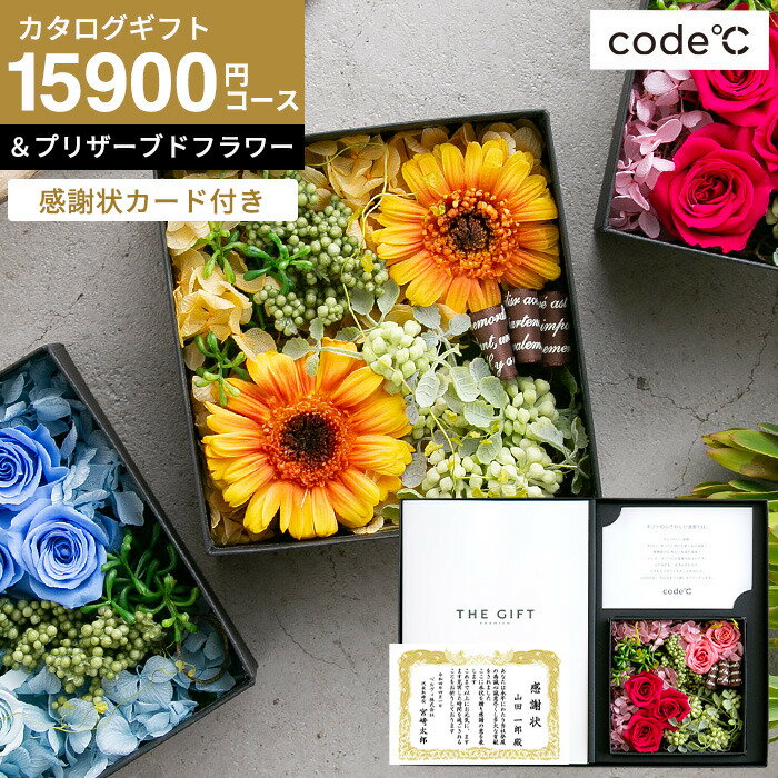 Rakuten - カタログギフト 感謝状 花とカタログギフト 結婚式 両親 贈り物 退職祝い 記念品 永年勤続 ギフトセット 2万円 [感謝状カード付き code℃ コードシー プレミアムカタログギフト＆プリザーブドフラワーセット]（S-AEOコース）（テール) cjJGS 送料無料 母の日 まだ間に合う