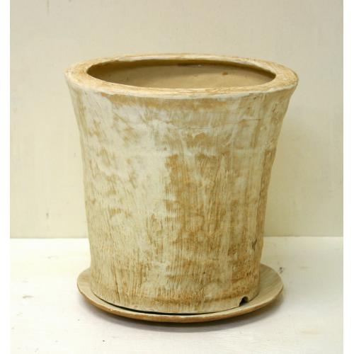 陶器手作り植木鉢　六号　亜麻色